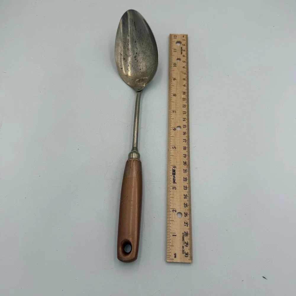 Vintage Ekco USA Stainless Serving Spoon Copper Handle Mid Century Kitchen Tool